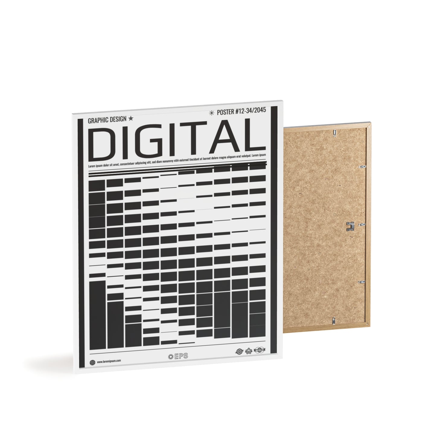 Digital Grid Poster with Wooden Frame — Modern Black & White Wall Art