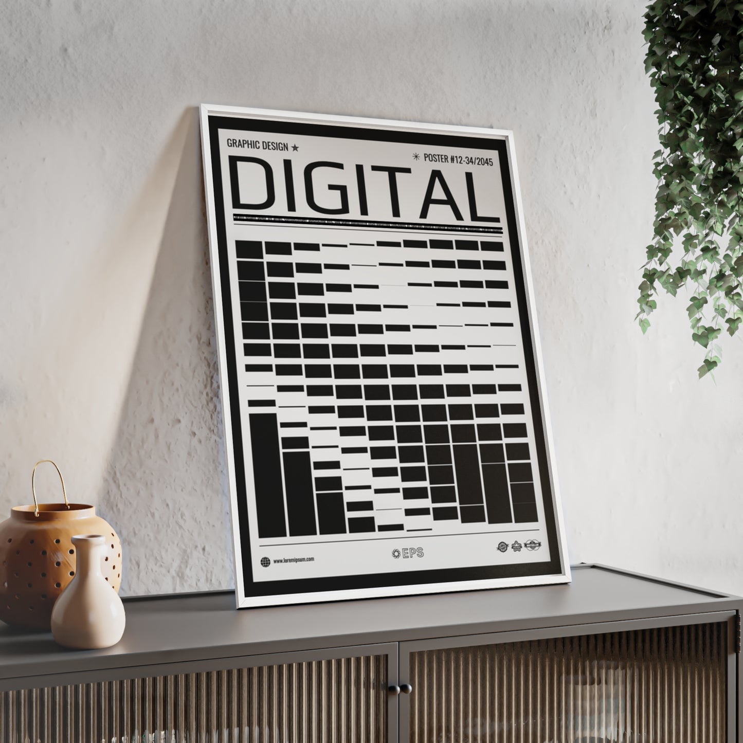 Digital Grid Poster with Wooden Frame — Modern Black & White Wall Art