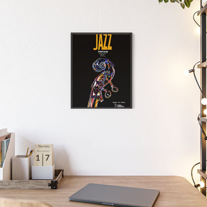 Jazz Festival Poster with Wooden Frame — Colorful Double Bass Art Print
