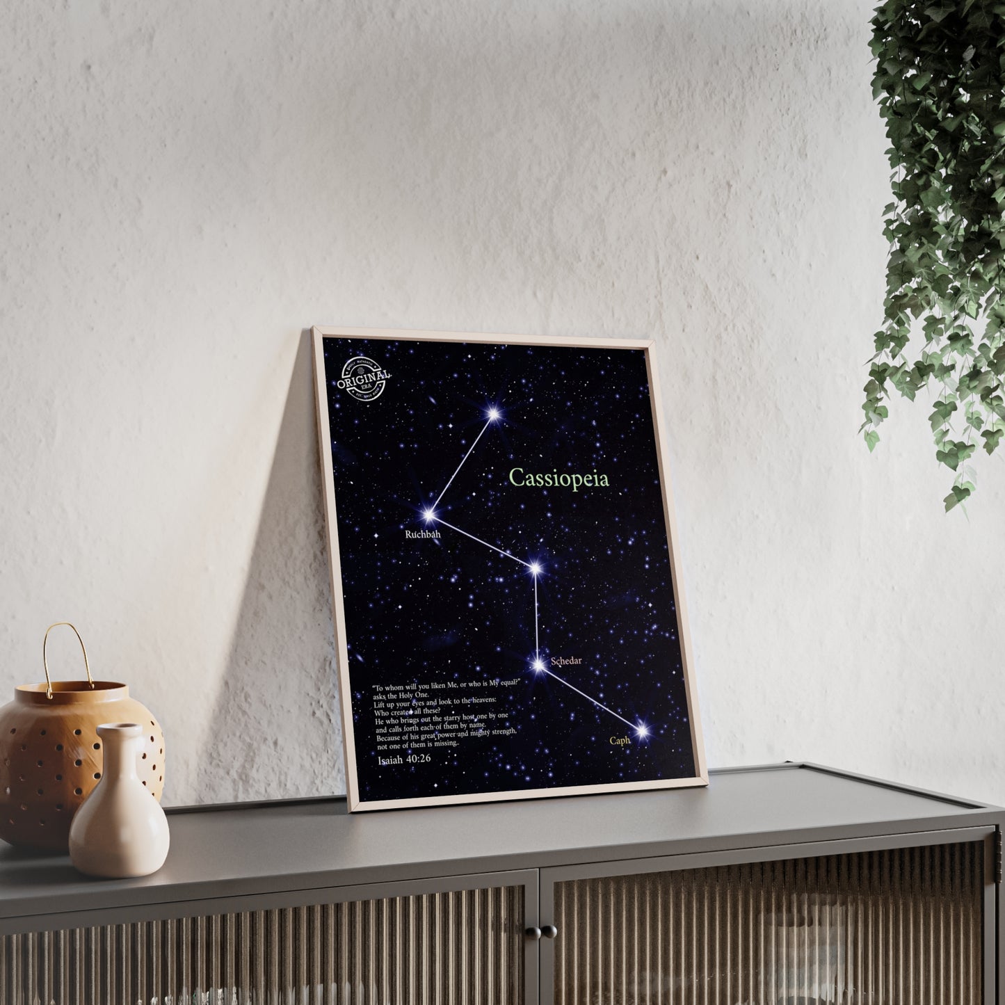Cassiopeia Constellation Poster with Wooden Frame — Star Map Wall Art