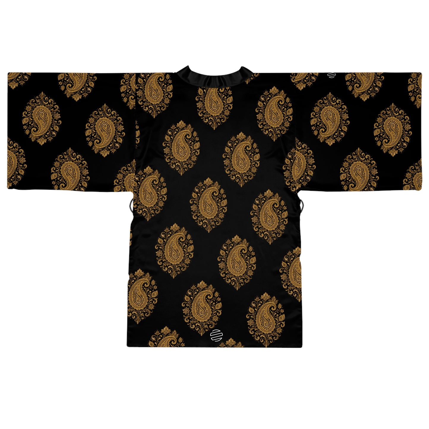 Black & Gold Paisley Kimono Robe - Long Sleeve Japanese Style Wrap