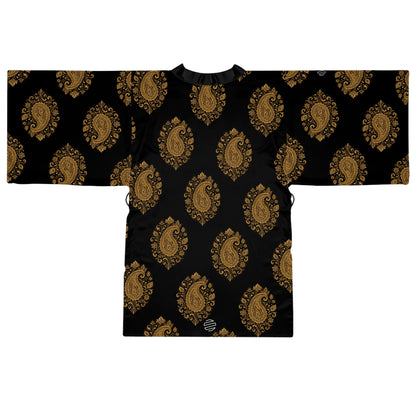Black & Gold Paisley Kimono Robe - Long Sleeve Japanese Style Wrap