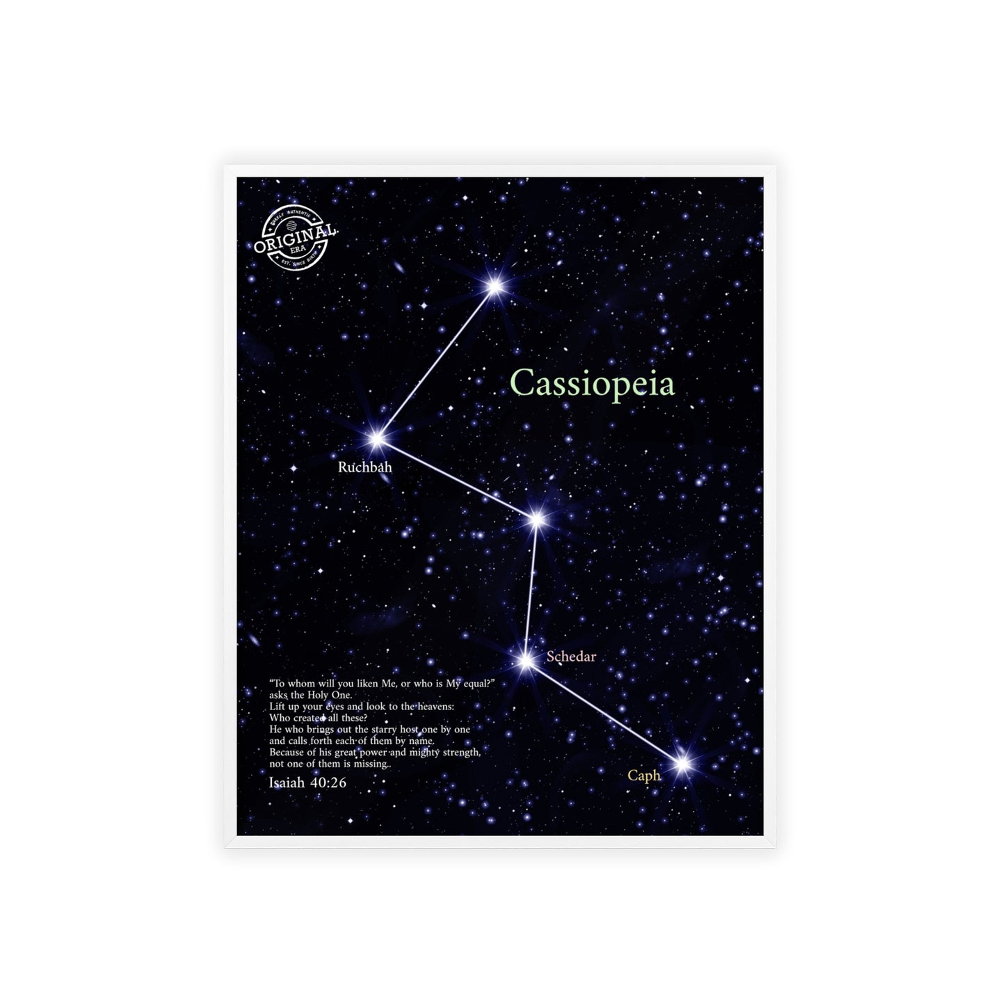 Cassiopeia Constellation Poster with Wooden Frame — Star Map Wall Art