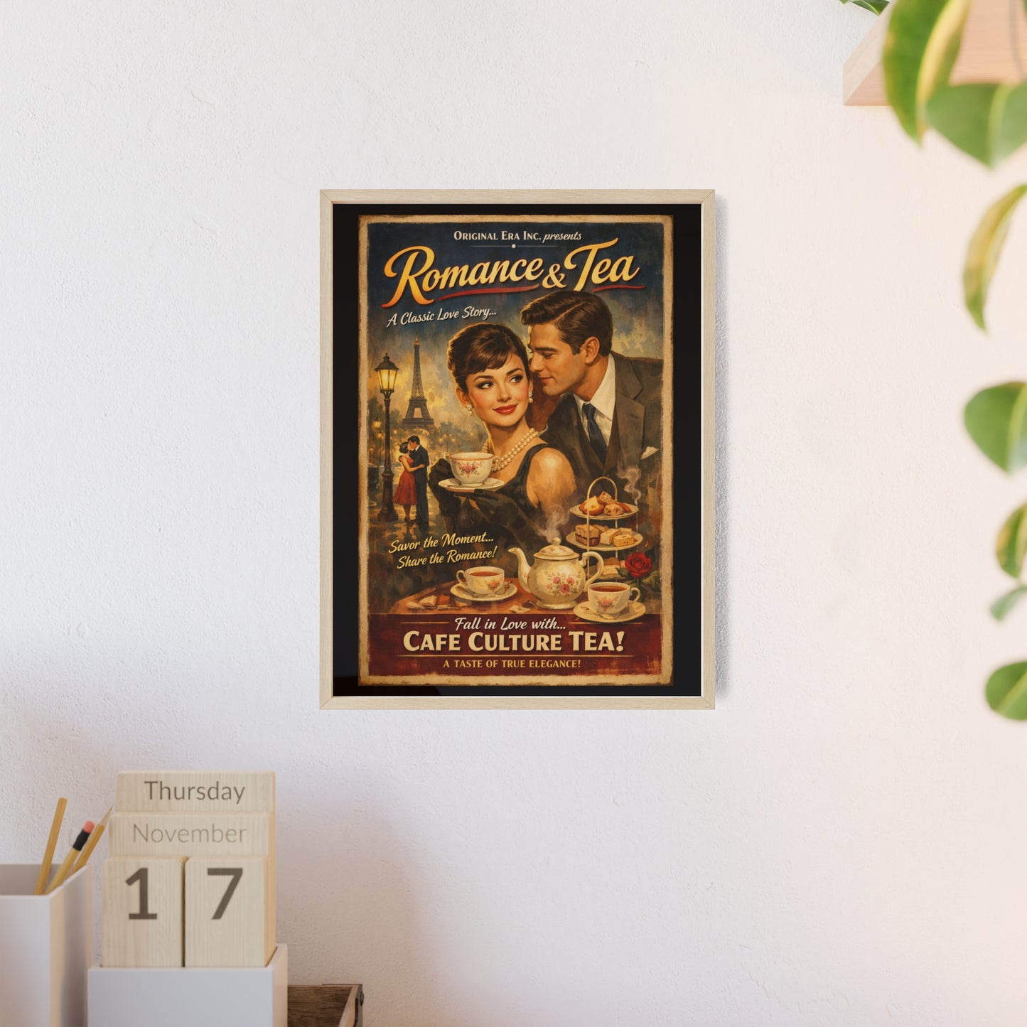 Romance & Tea Vintage Cafe Poster — Framed Wall Art