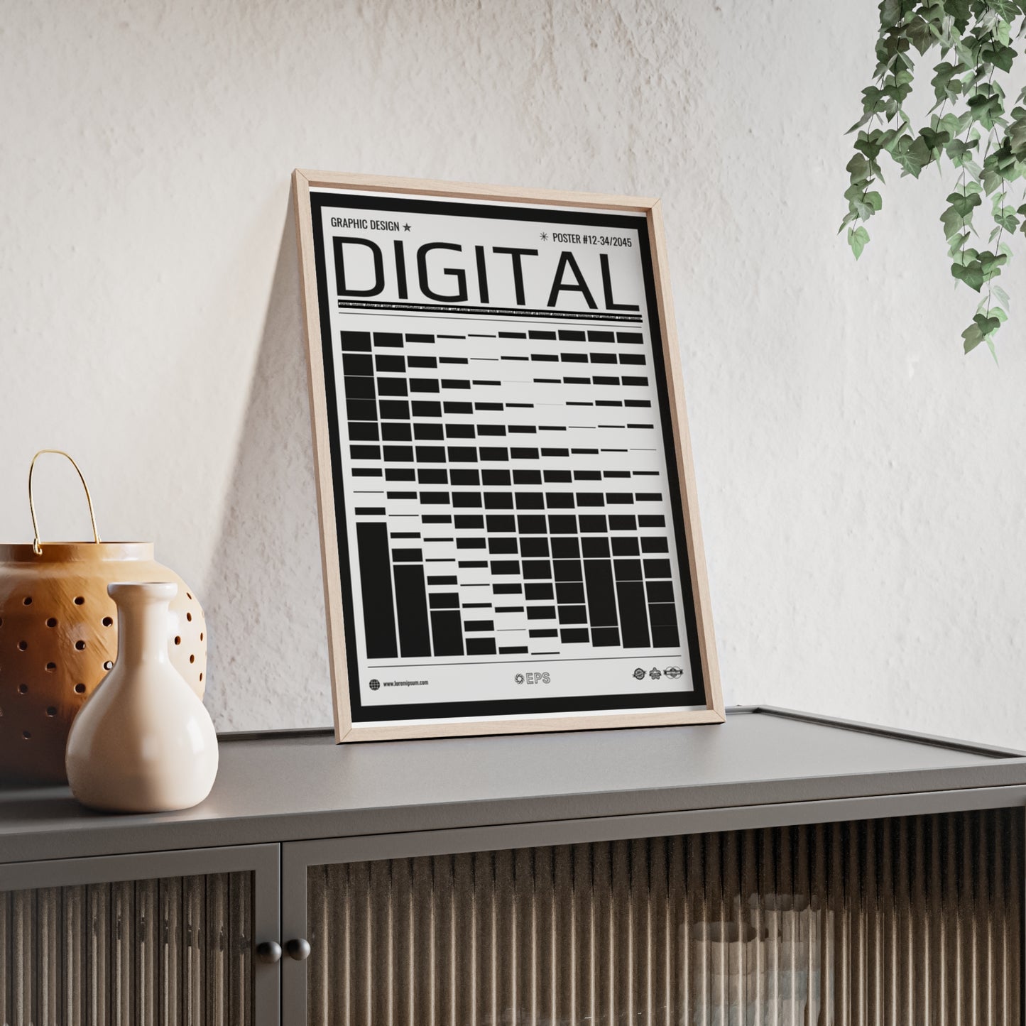 Digital Grid Poster with Wooden Frame — Modern Black & White Wall Art