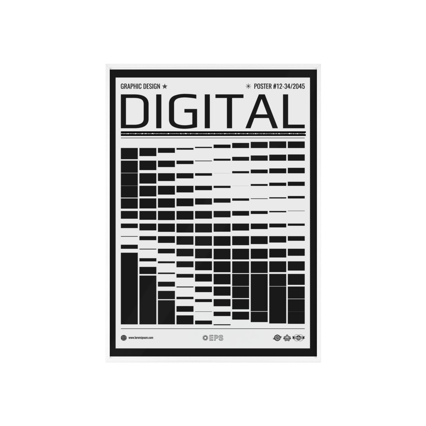 Digital Grid Poster with Wooden Frame — Modern Black & White Wall Art