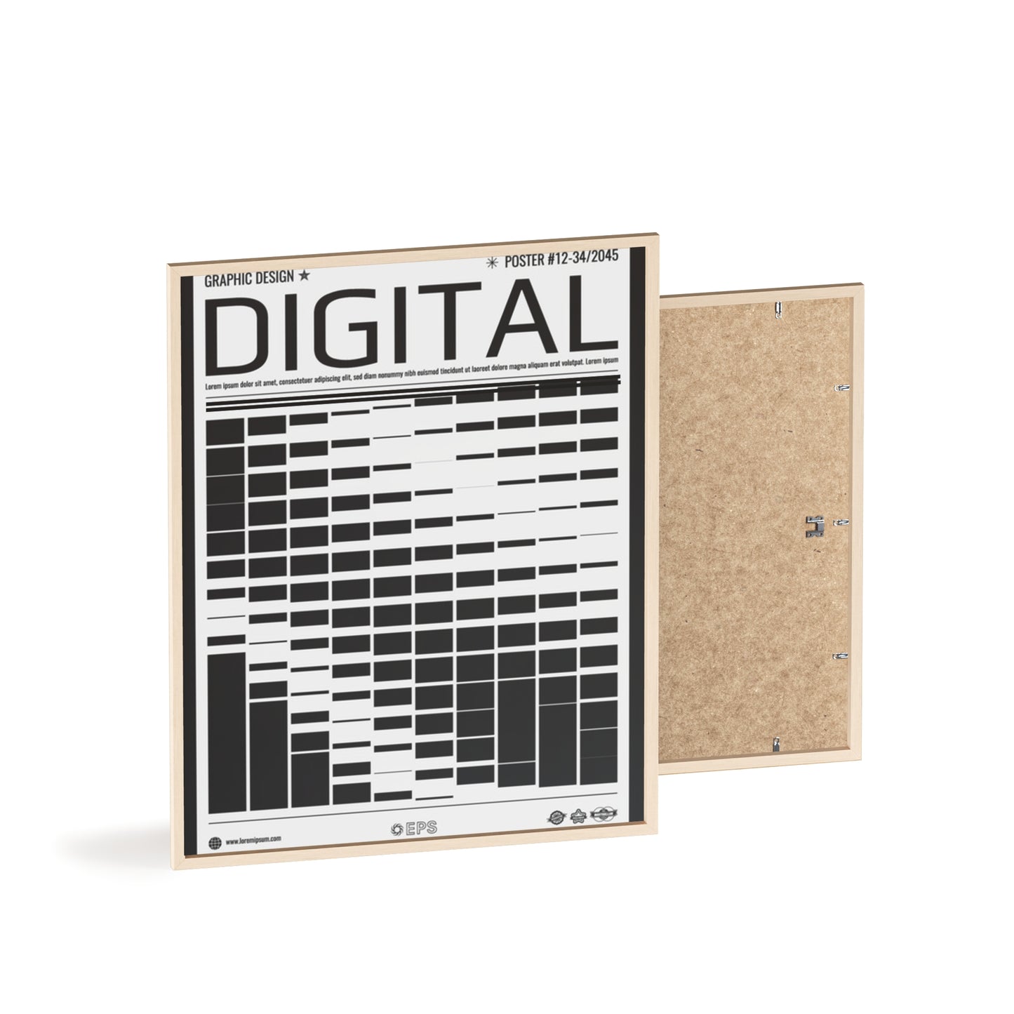 Digital Grid Poster with Wooden Frame — Modern Black & White Wall Art