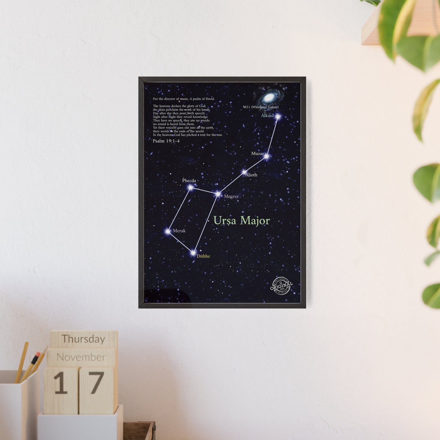 Ursa Major Constellation Star Map Poster with Wooden Frame — Astrology Wall Art