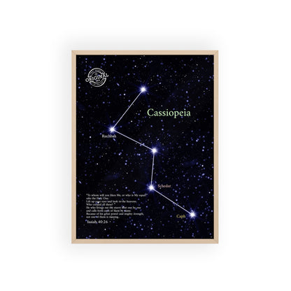 Cassiopeia Constellation Poster with Wooden Frame — Star Map Wall Art