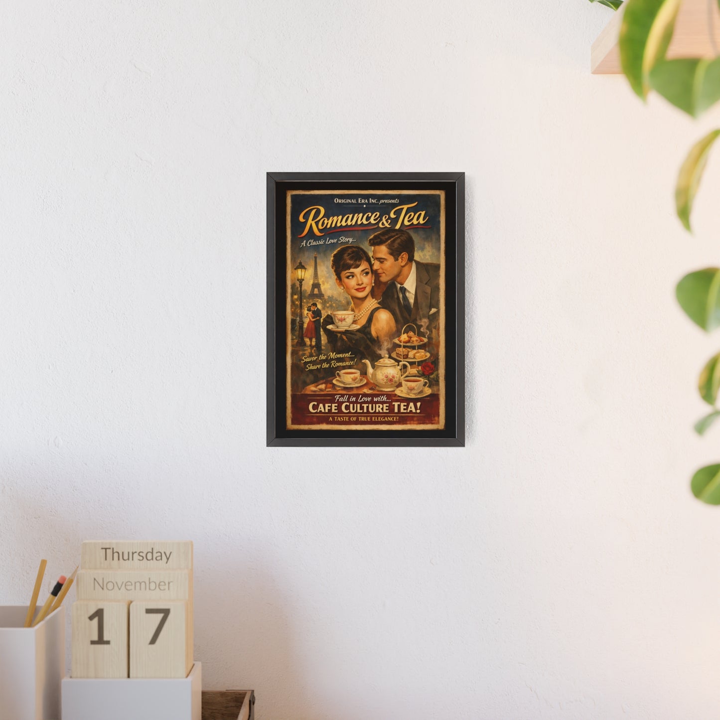 Romance & Tea Vintage Cafe Poster — Framed Wall Art