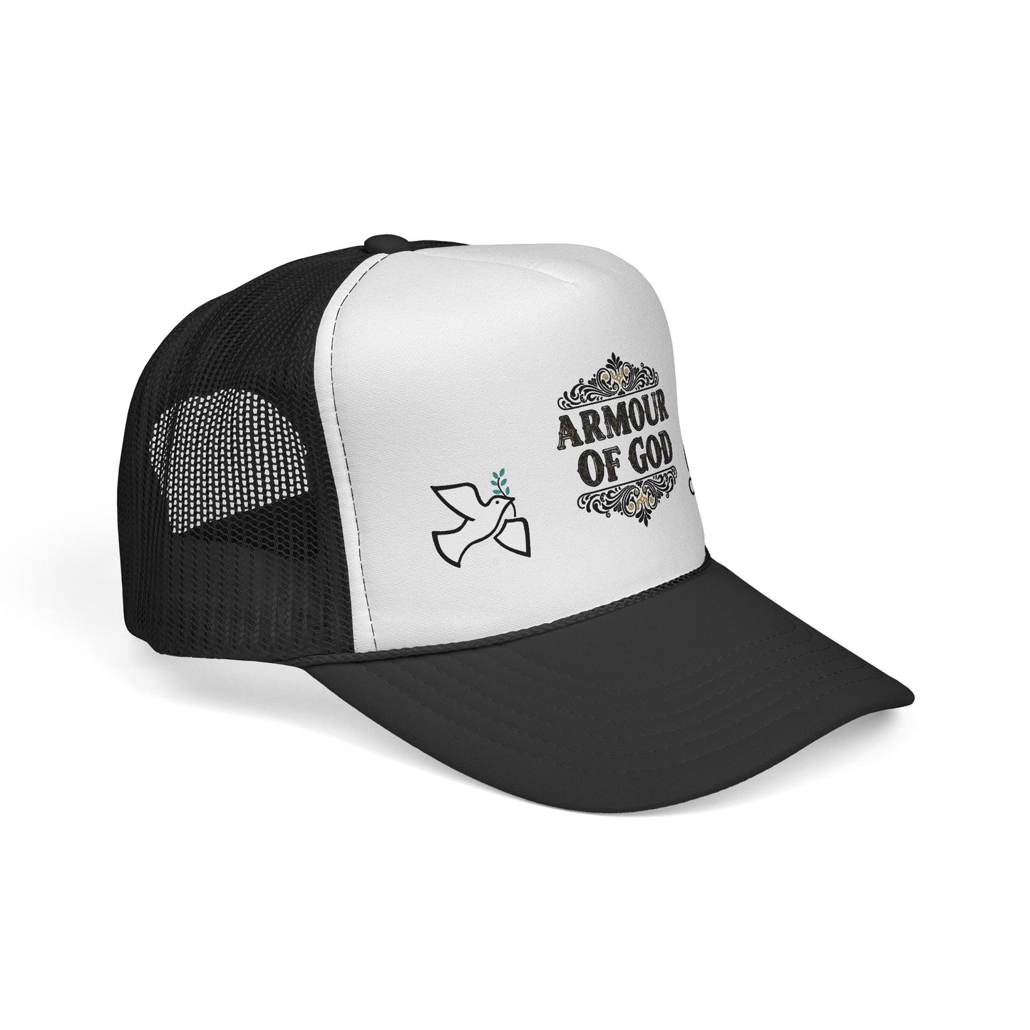 Armor of God Trucker Hat — Christian Faith Baseball Cap with Dove & 'Original' Seal