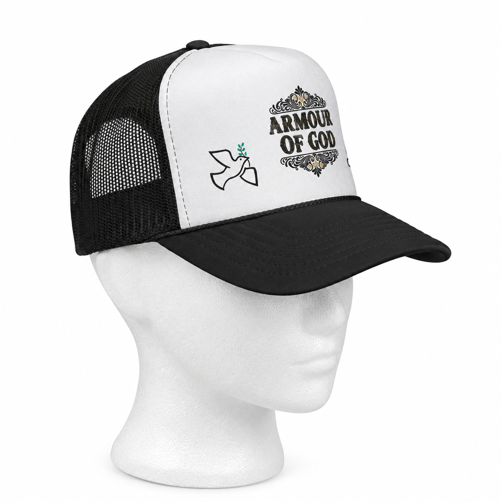 Armor of God Trucker Hat — Christian Faith Baseball Cap with Dove & 'Original' Seal