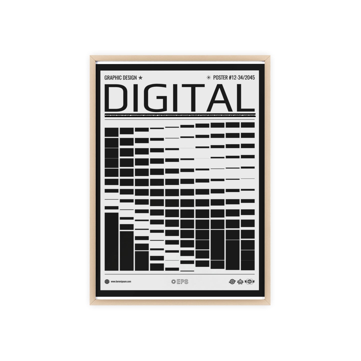 Digital Grid Poster with Wooden Frame — Modern Black & White Wall Art