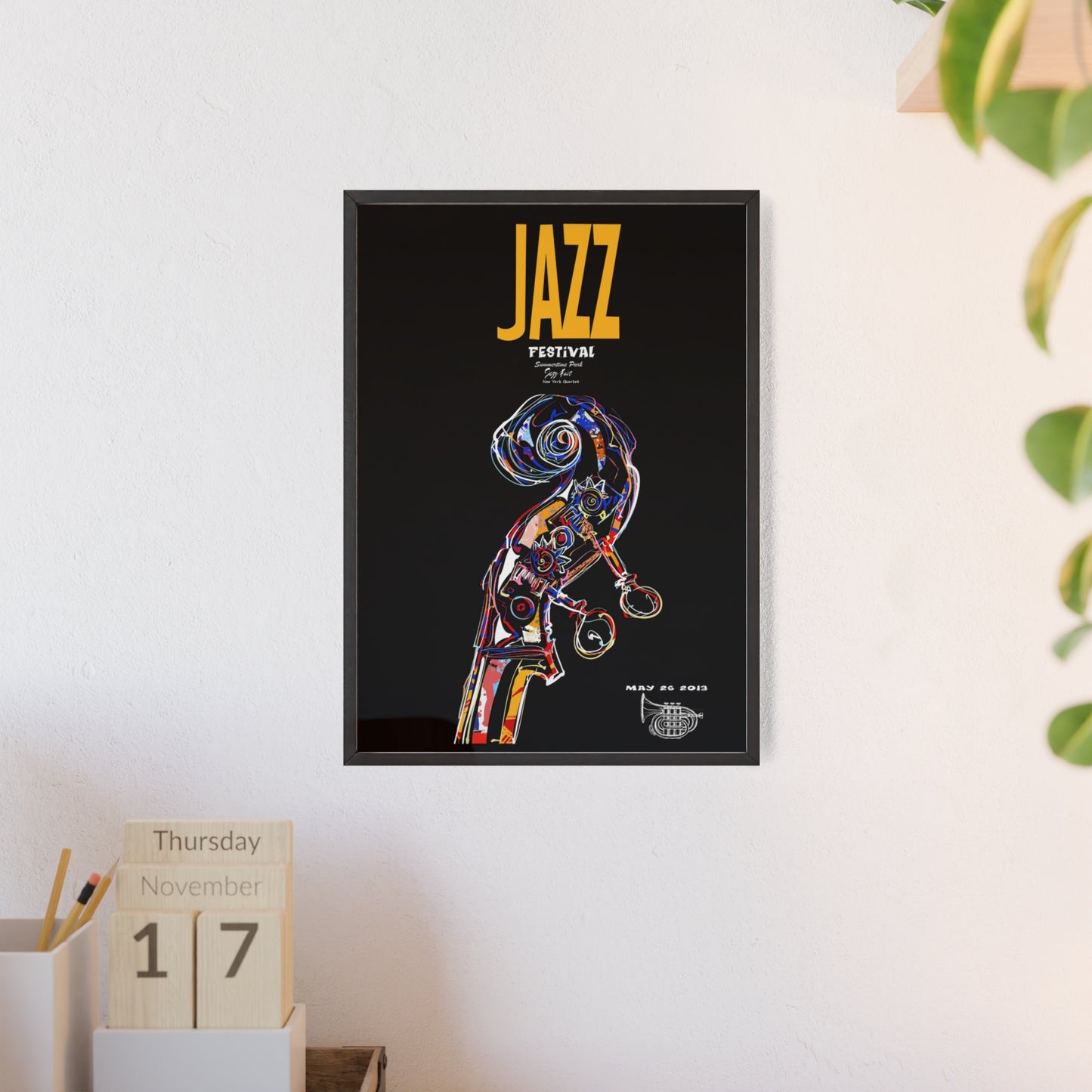 Jazz Festival Poster with Wooden Frame — Colorful Double Bass Art Print
