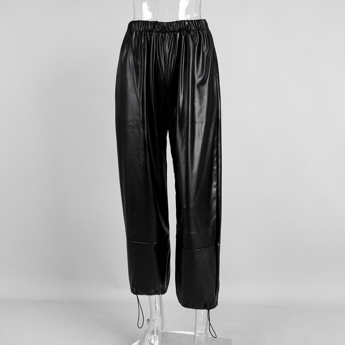 Women's Drawstring Ankle-tied Bloomers Loose PU Leather Pants