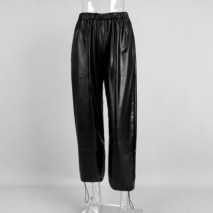 Women's Drawstring Ankle-tied Bloomers Loose PU Leather Pants