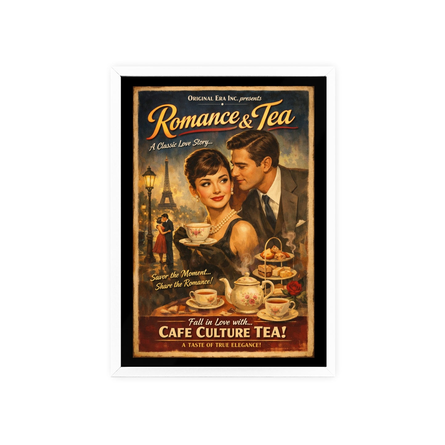 Romance & Tea Vintage Cafe Poster — Framed Wall Art