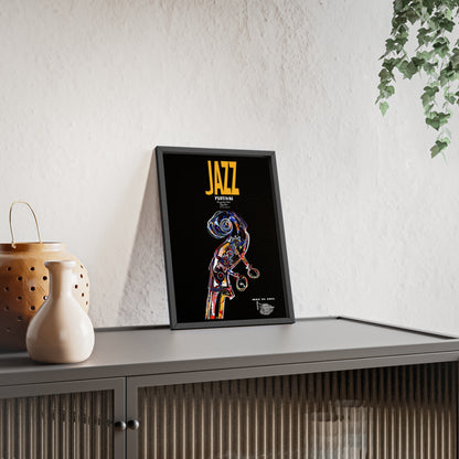 Jazz Festival Poster with Wooden Frame — Colorful Double Bass Art Print