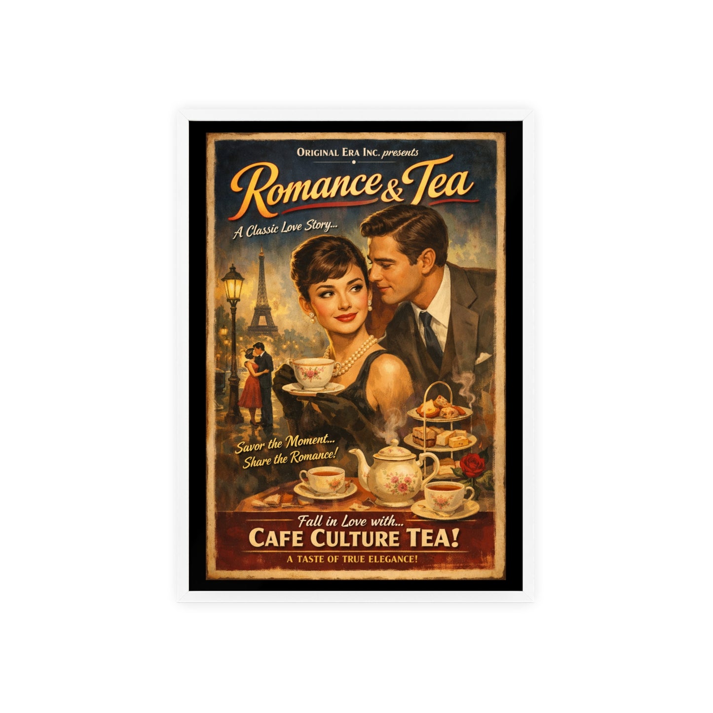 Romance & Tea Vintage Cafe Poster — Framed Wall Art
