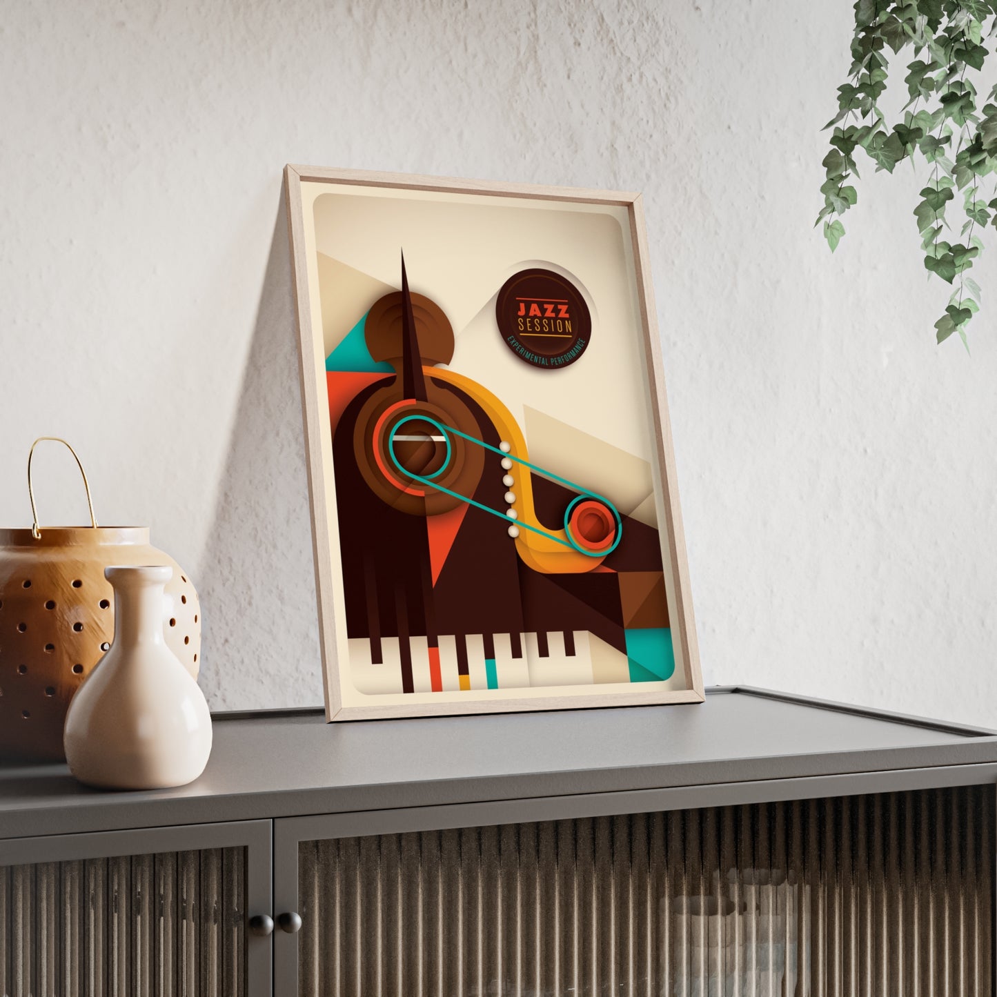 Jazz Session Poster with Wooden Frame – Retro Abstract Music Wall Art