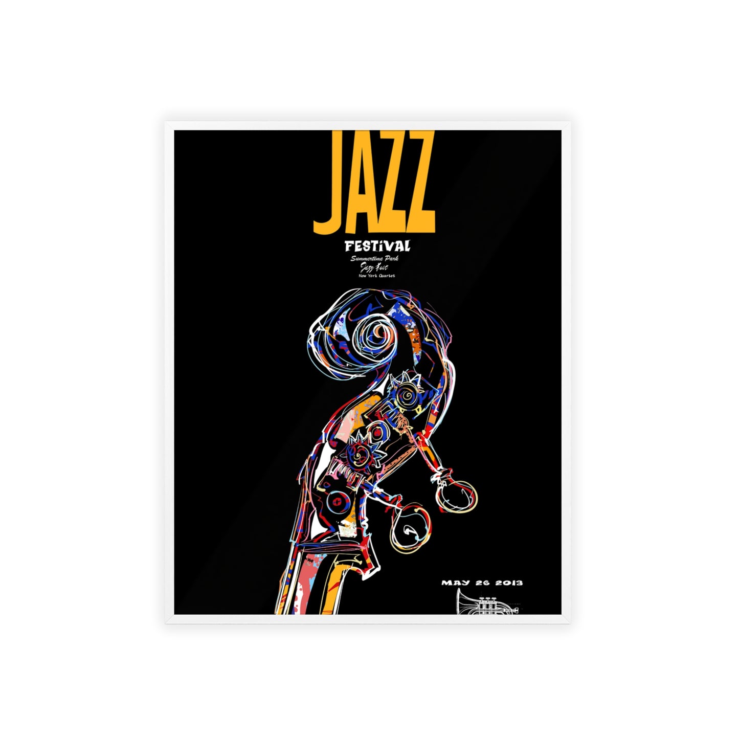 Jazz Festival Poster with Wooden Frame — Colorful Double Bass Art Print