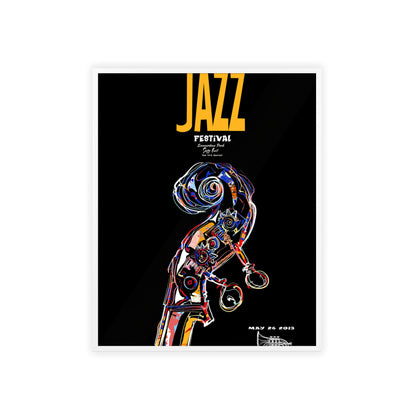 Jazz Festival Poster with Wooden Frame — Colorful Double Bass Art Print