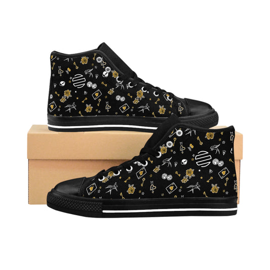 Game Of Love High-Top Sneakers — Black Floral Moon & Stars Pattern