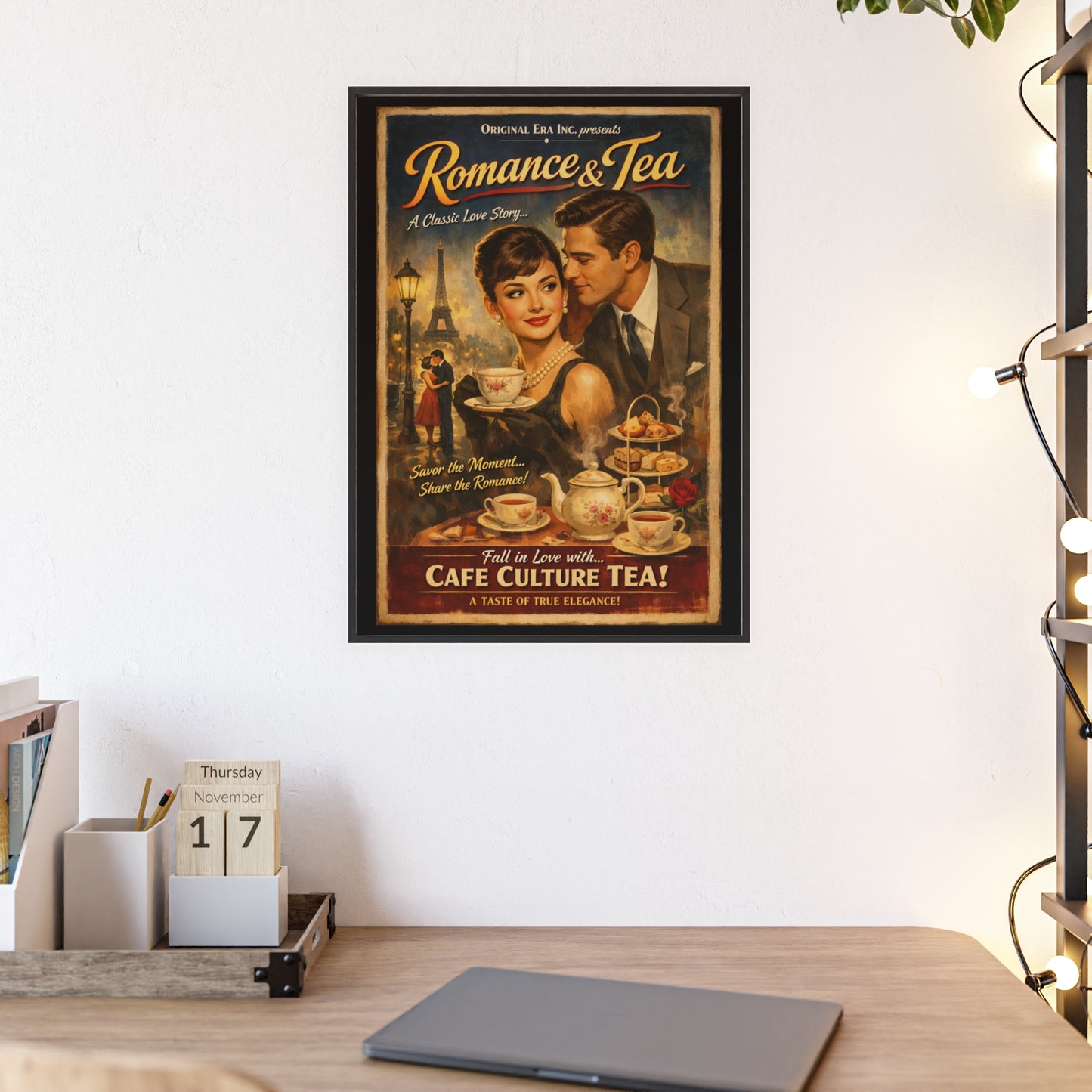 Romance & Tea Vintage Cafe Poster — Framed Wall Art