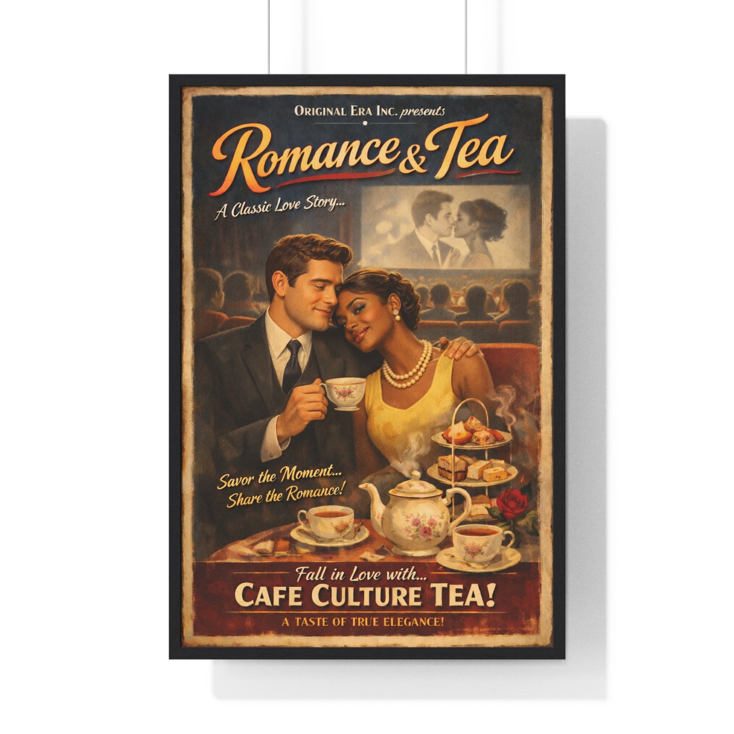 Romance & Tea Vintage Café Poster — Framed Wall Art