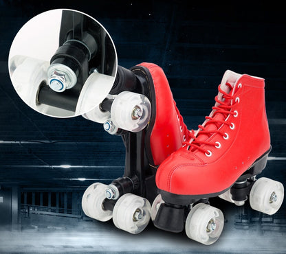 Big Red Cowhide Quad Skates With Flashing Wheels And Wear Resistant Boots