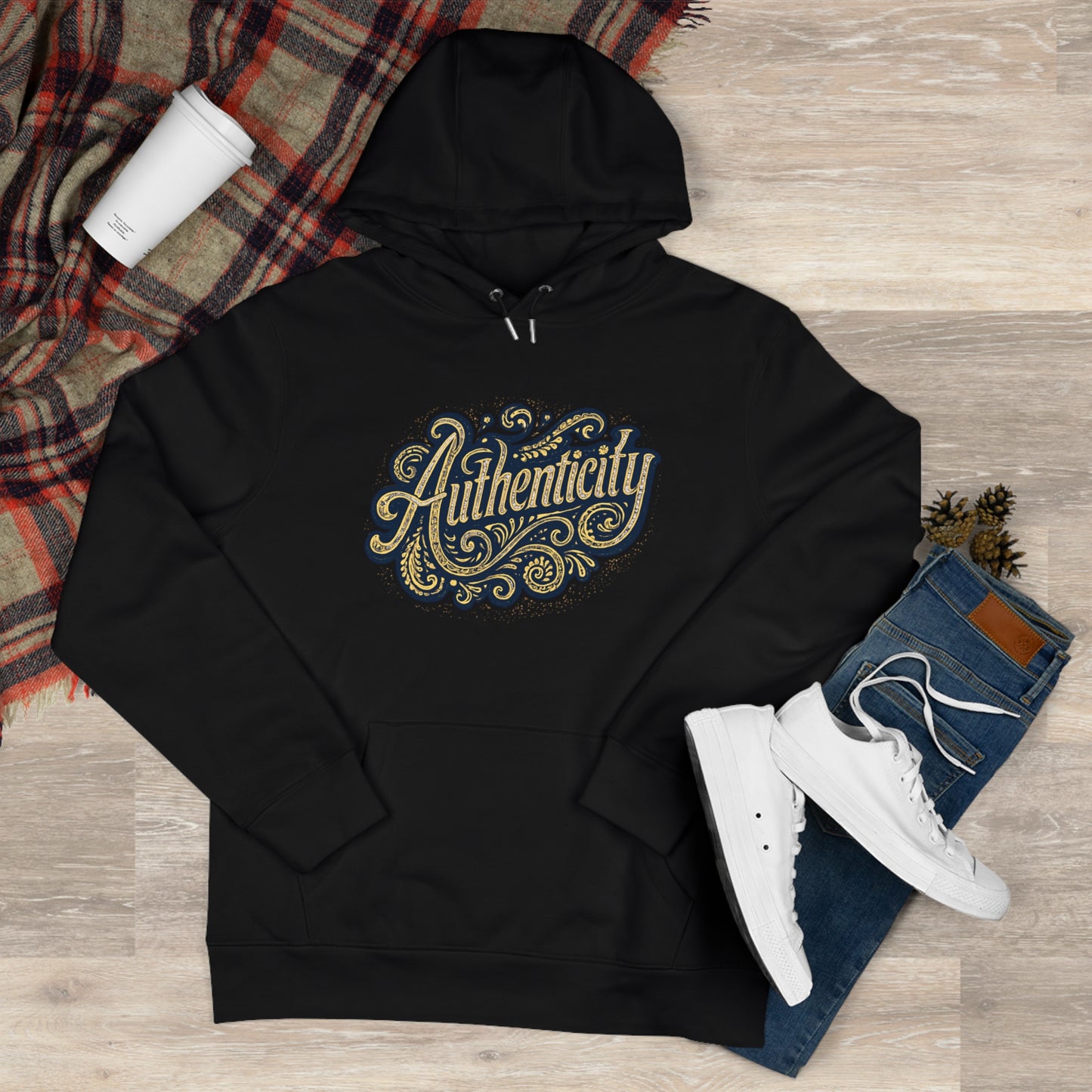 Authenticity Script Hoodie — 'Authenticity' Vintage Ornate Graphic Hooded Sweatshirt