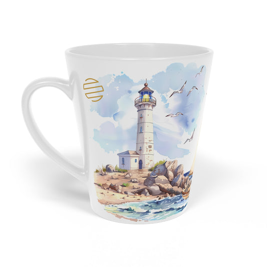 Sailboat & Lighthouse Latte Mug — 12oz Coastal Nautical Coffee Cup