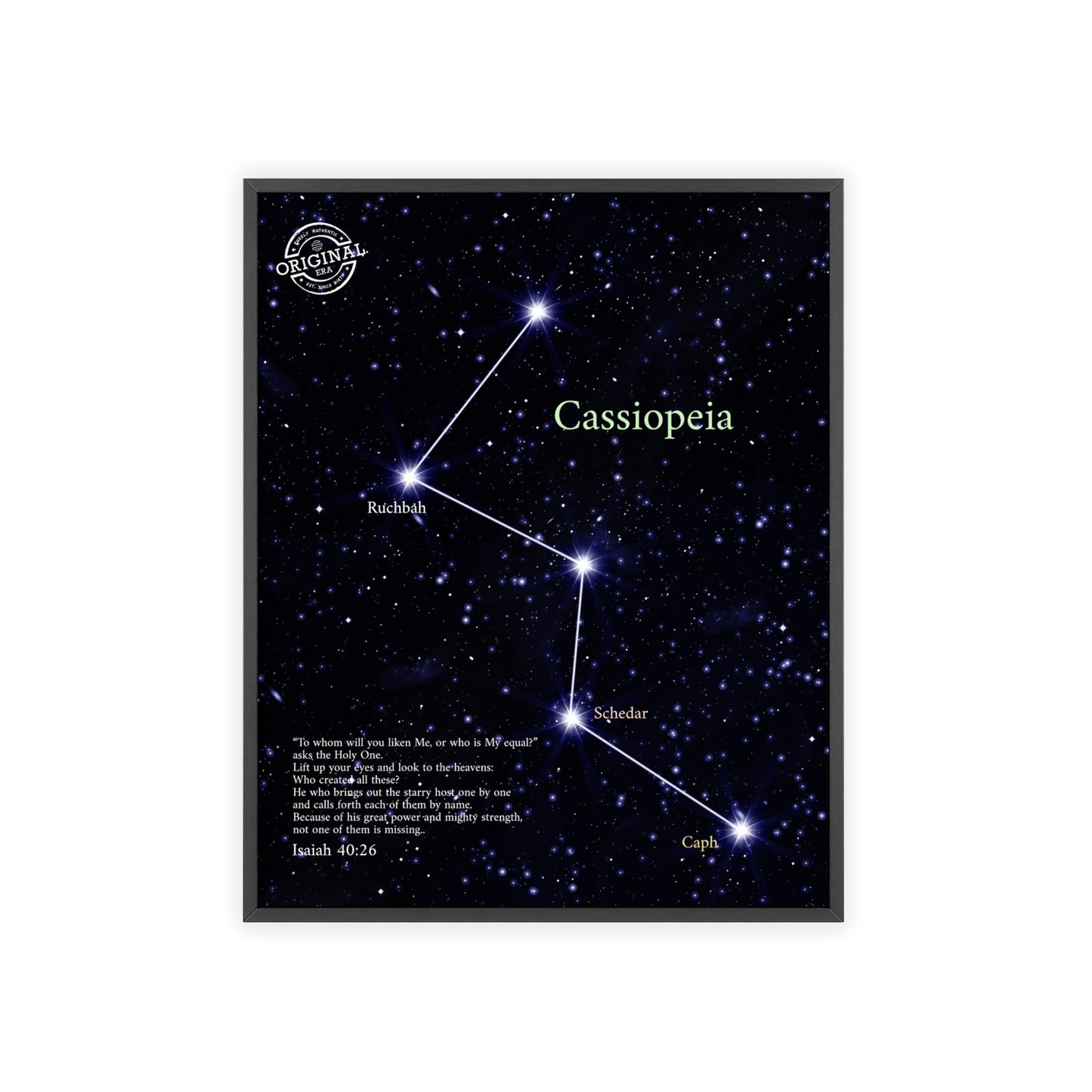 Cassiopeia Constellation Poster with Wooden Frame — Star Map Wall Art
