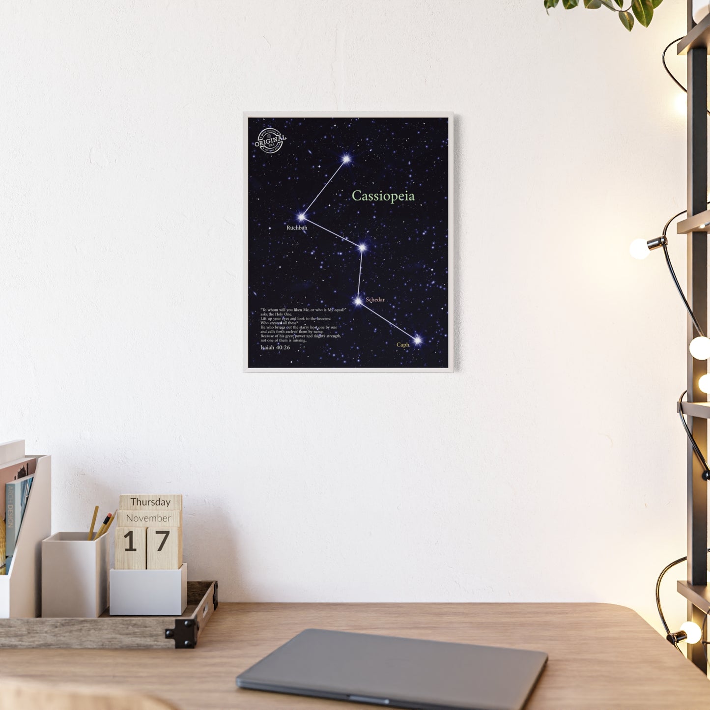 Cassiopeia Constellation Poster with Wooden Frame — Star Map Wall Art