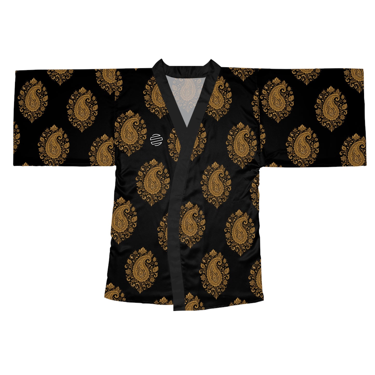 Black & Gold Paisley Kimono Robe - Long Sleeve Japanese Style Wrap