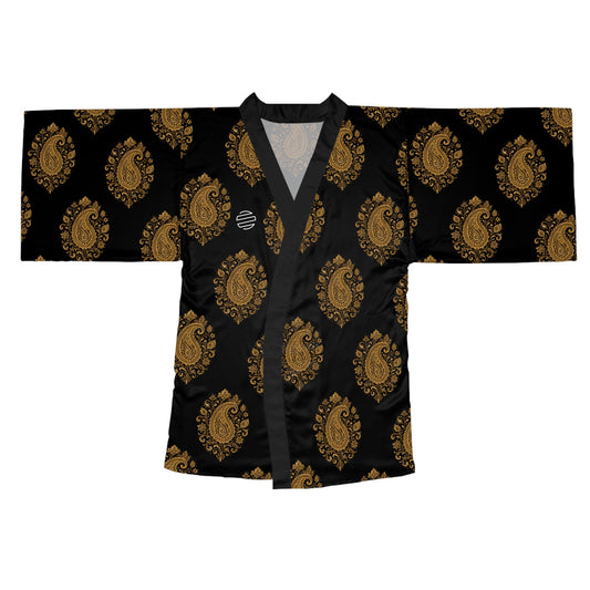 Black & Gold Paisley Kimono Robe - Long Sleeve Japanese Style Wrap