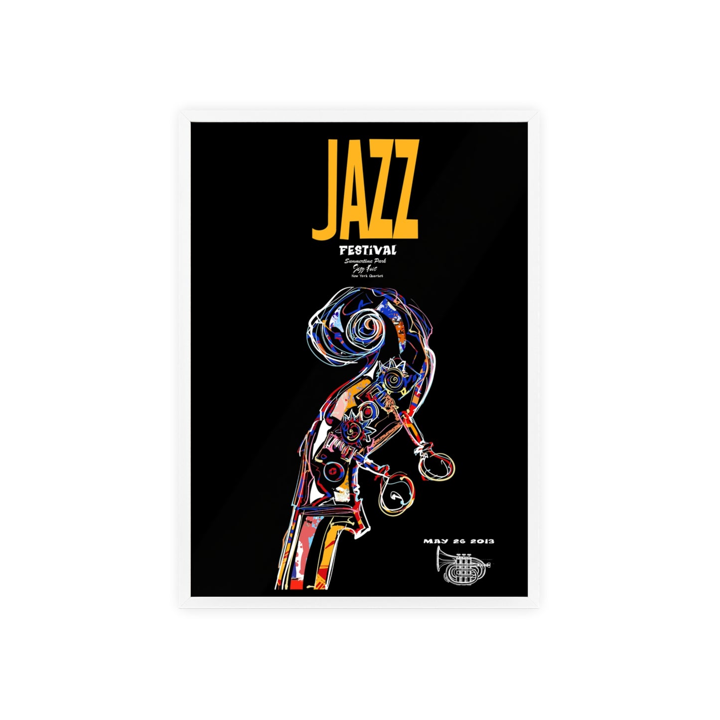 Jazz Festival Poster with Wooden Frame — Colorful Double Bass Art Print
