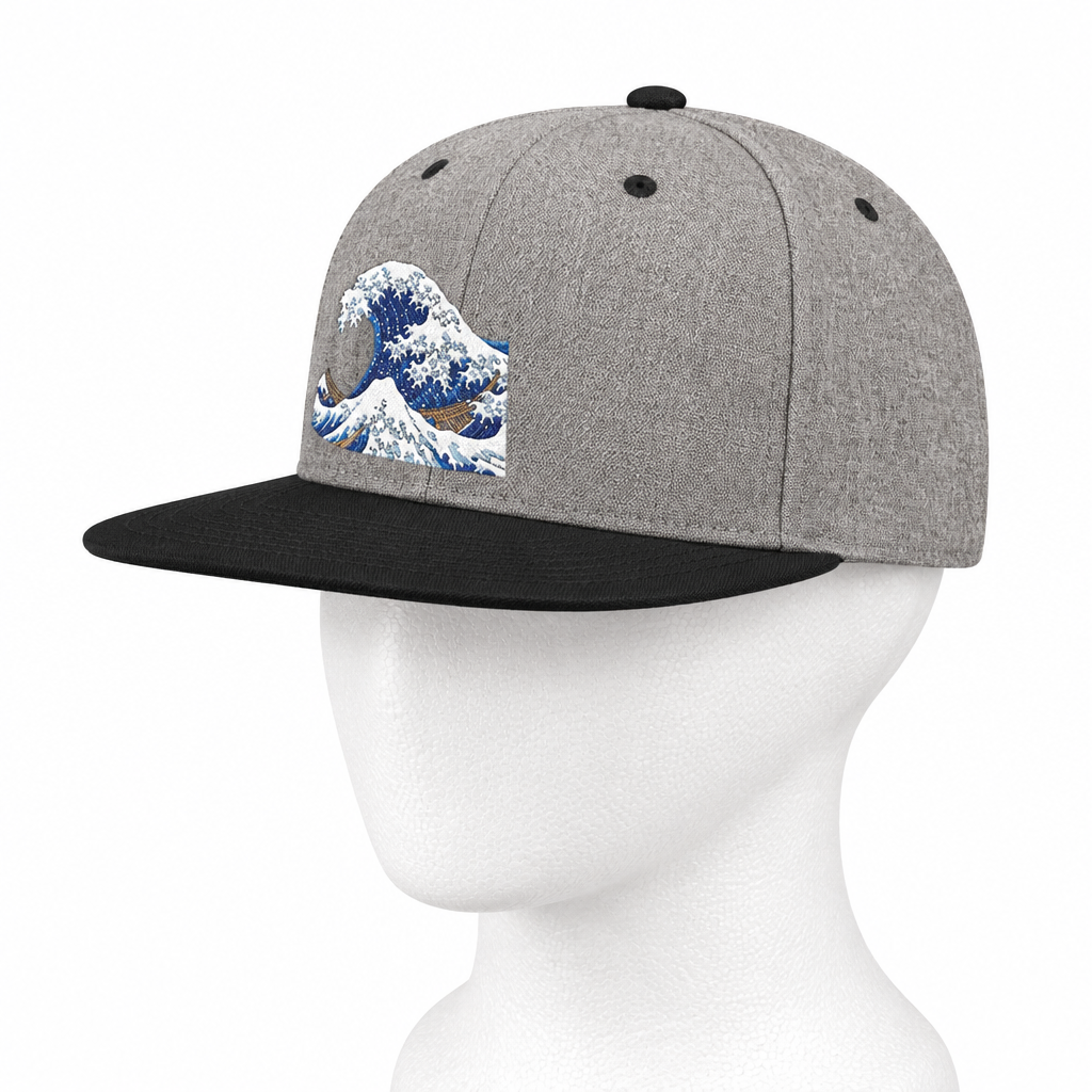 Snapback Hat — Blue Wave Japanese Art Flat-Bill Cap