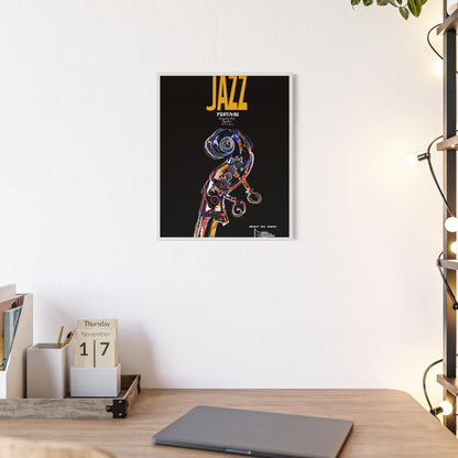 Jazz Festival Poster with Wooden Frame — Colorful Double Bass Art Print