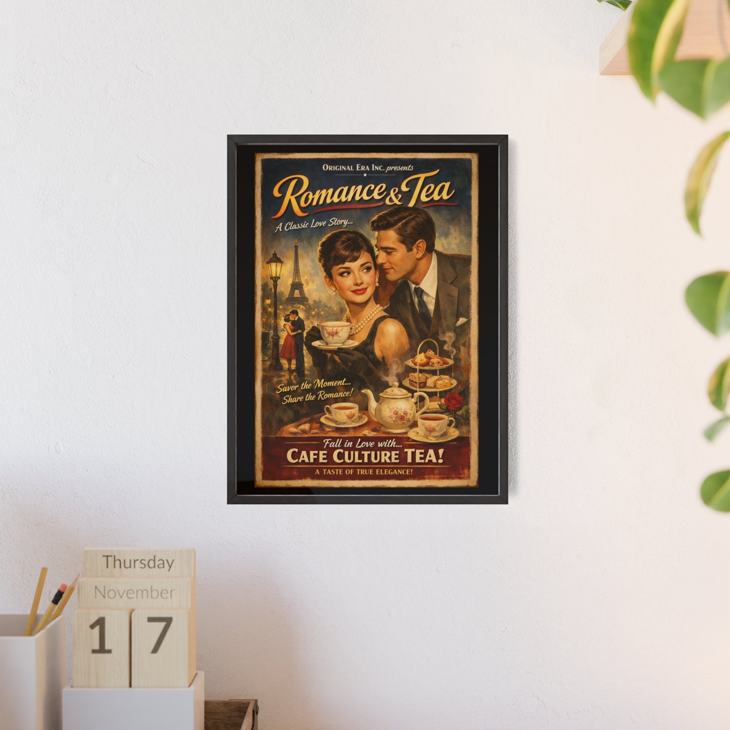 Romance & Tea Vintage Cafe Poster — Framed Wall Art