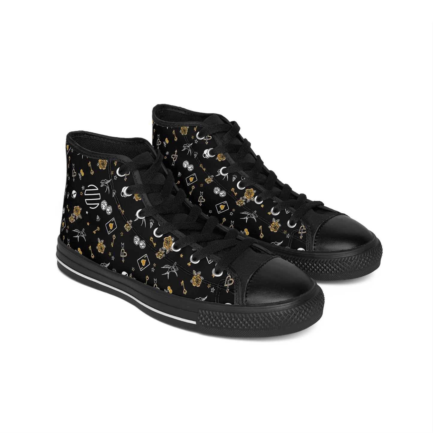 Women's Game Of Love Black Floral Pattern High-Top Sneakers — Gold & White