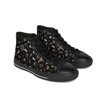 Women's Game Of Love Black Floral Pattern High-Top Sneakers — Gold & White
