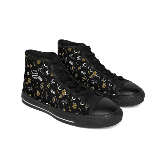 Women's Game Of Love Black Floral Pattern High-Top Sneakers — Gold & White