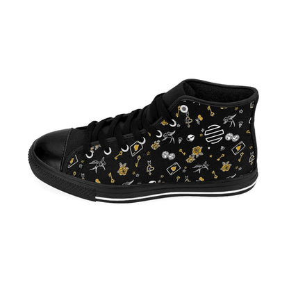 Women's Game Of Love Black Floral Pattern High-Top Sneakers — Gold & White