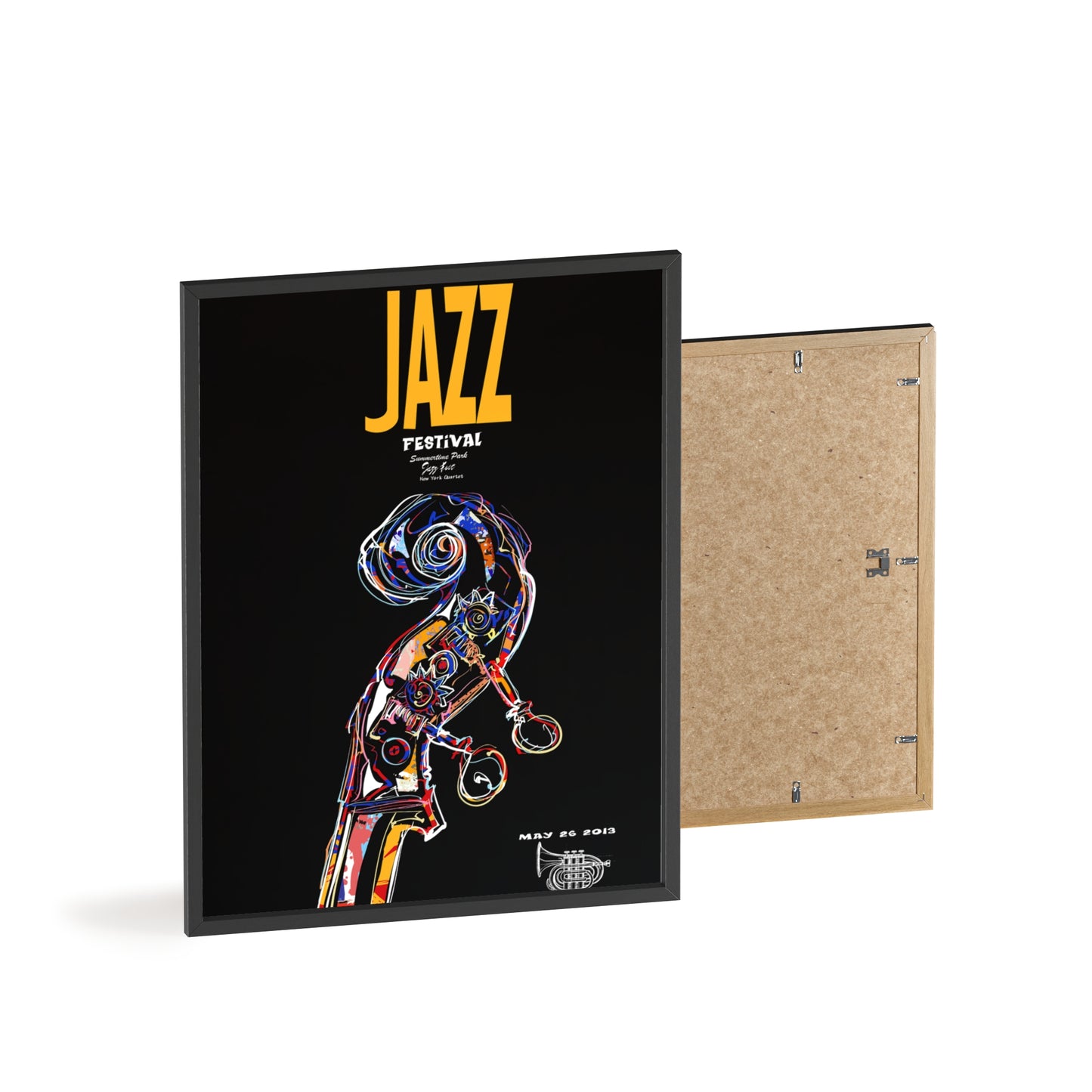 Jazz Festival Poster with Wooden Frame — Colorful Double Bass Art Print
