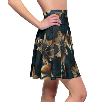 Floral Midnight Hawaiian Skater Skirt — Dark Teal & Gold