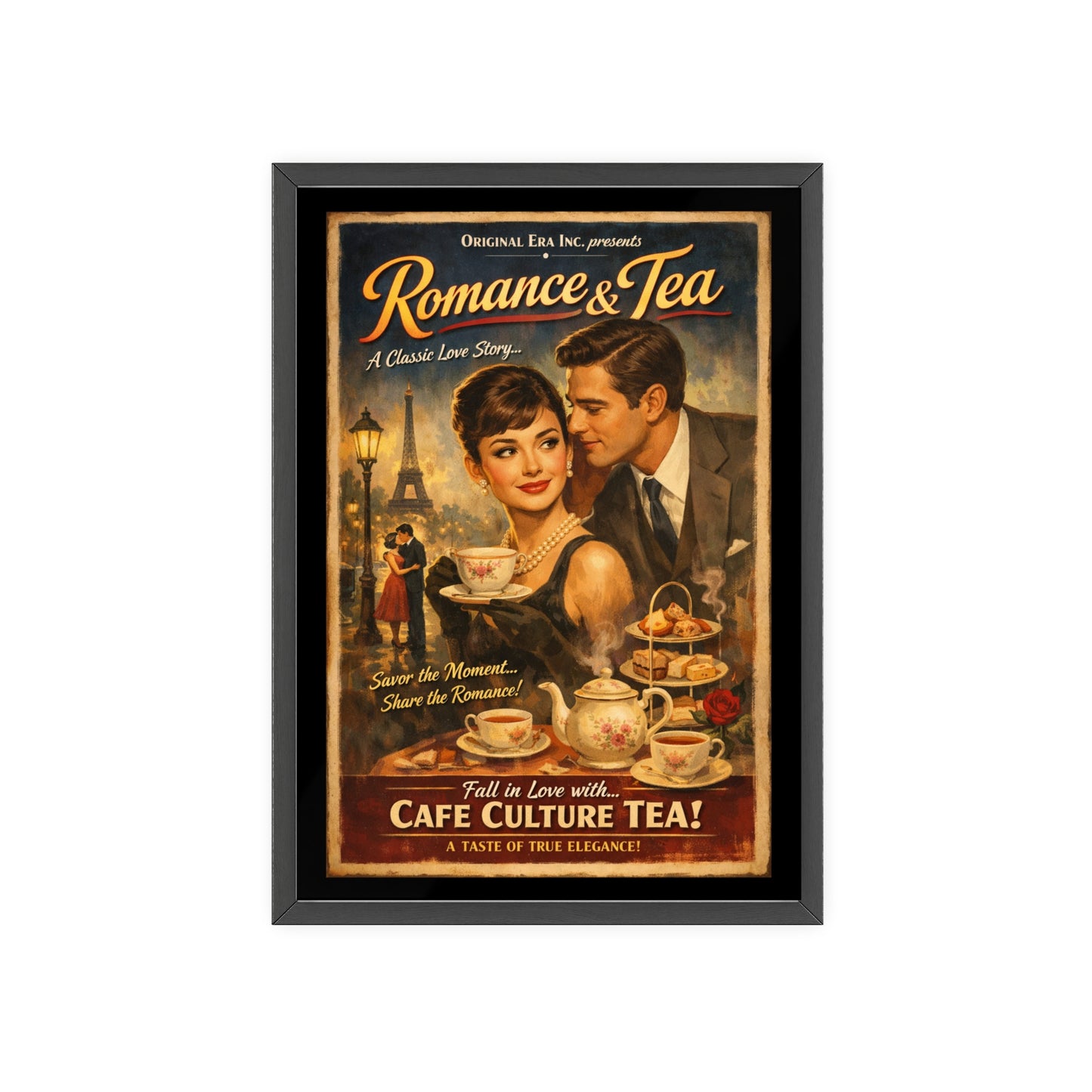 Romance & Tea Vintage Cafe Poster — Framed Wall Art