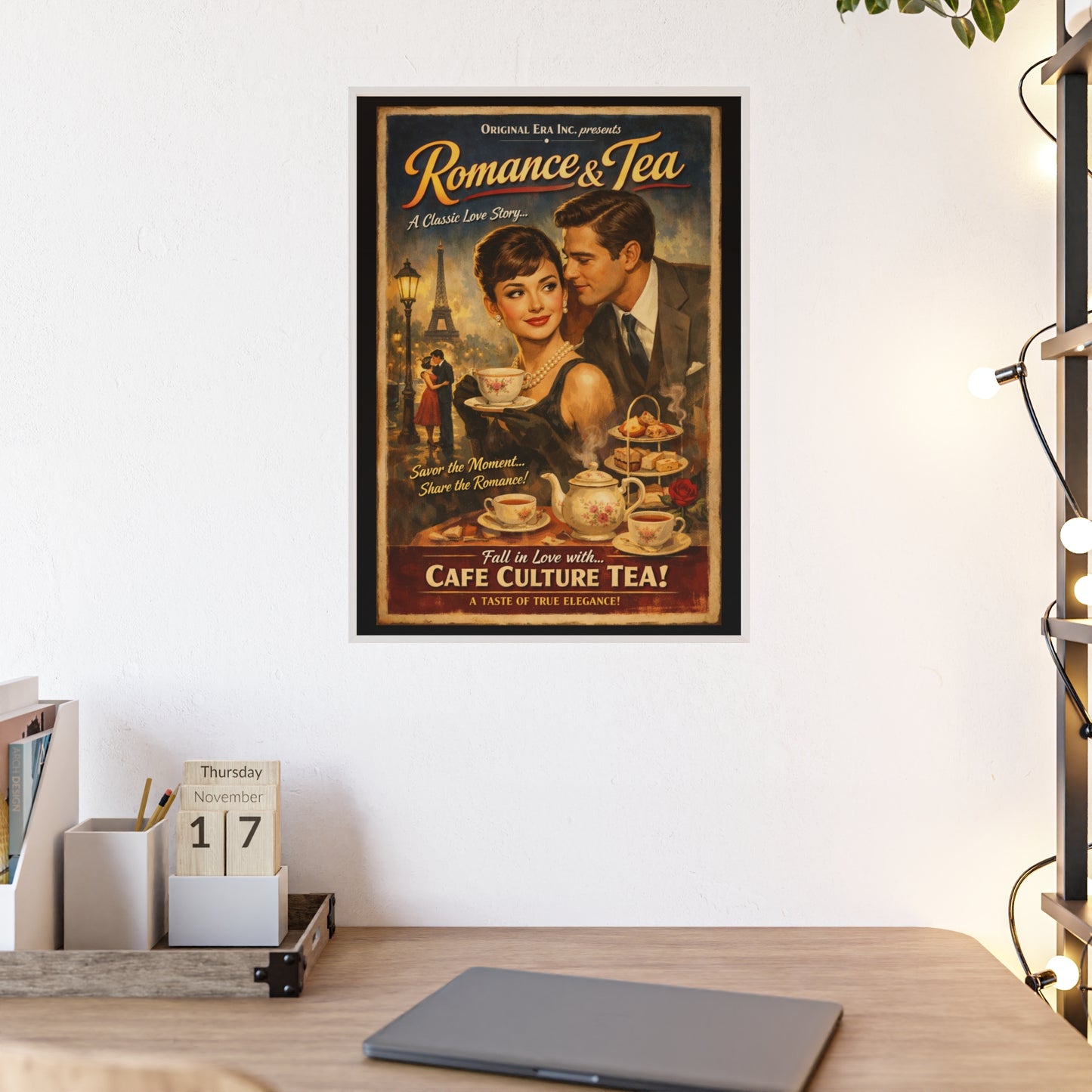 Romance & Tea Vintage Cafe Poster — Framed Wall Art