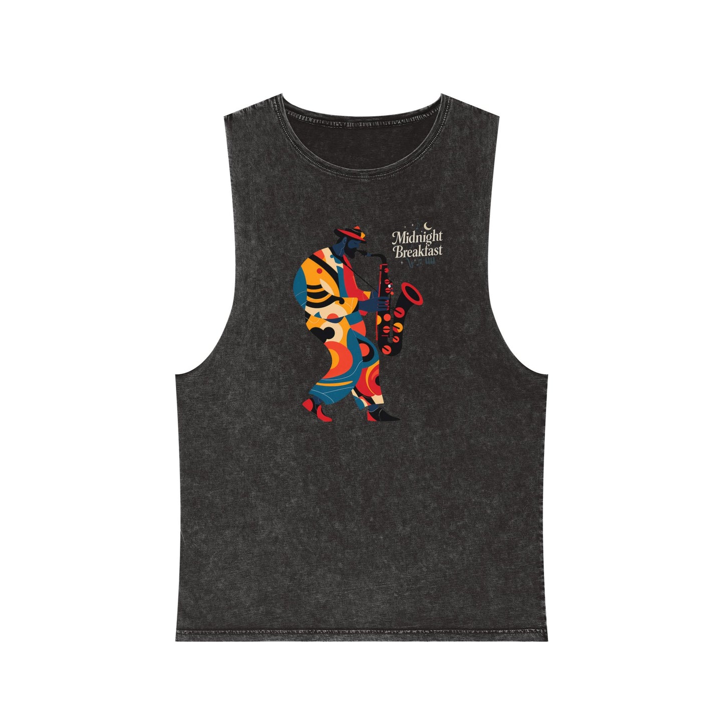 Midnight Breakfast Saxophone Silhouette Tank Top — Jazz Night Music Tee