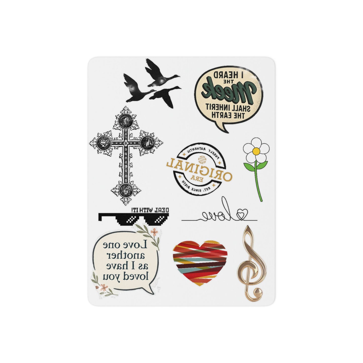 Temporary Tattoo Sheet — Inspirational Symbols: Cross, Heart, Treble Clef & Love Phrase